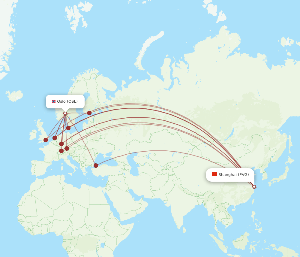 PVG to OSL flights and routes map