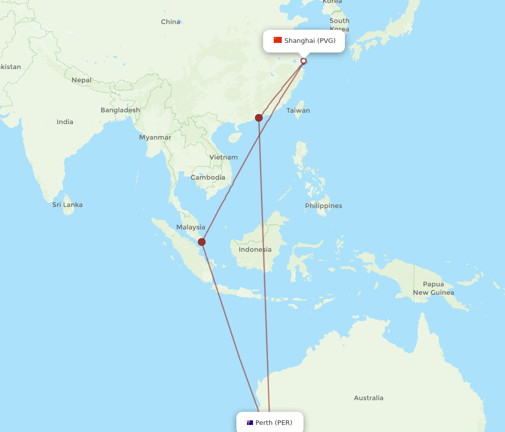 PVG to PER flights and routes map