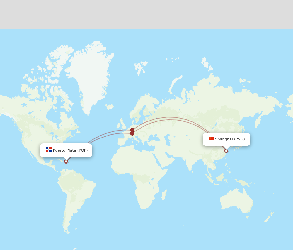 Puerto Plata - Shanghai route map and flight paths