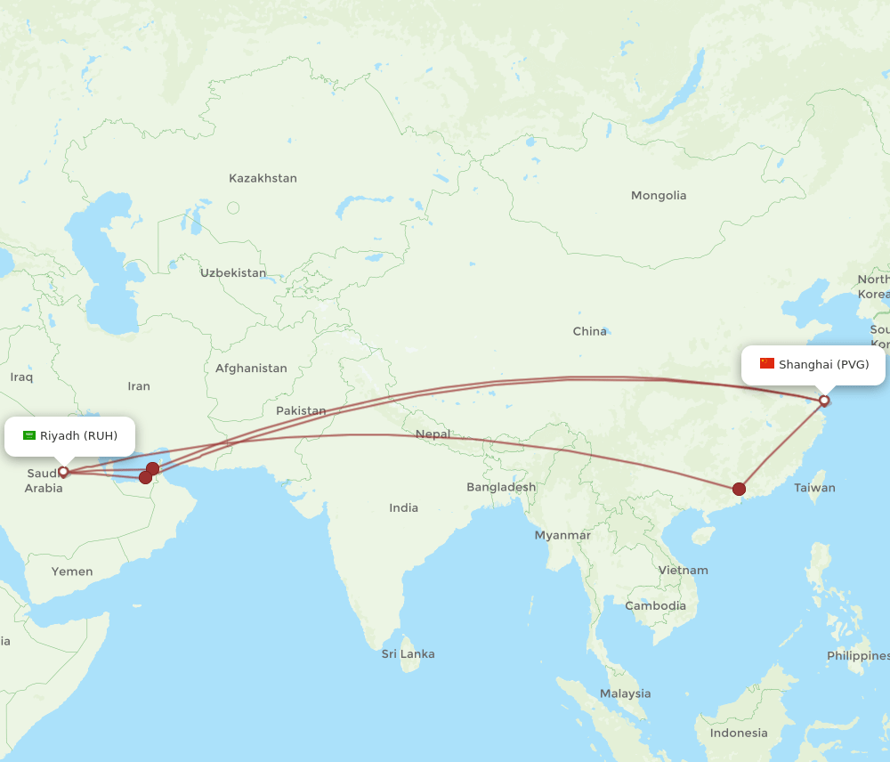 PVG to RUH flights and routes map