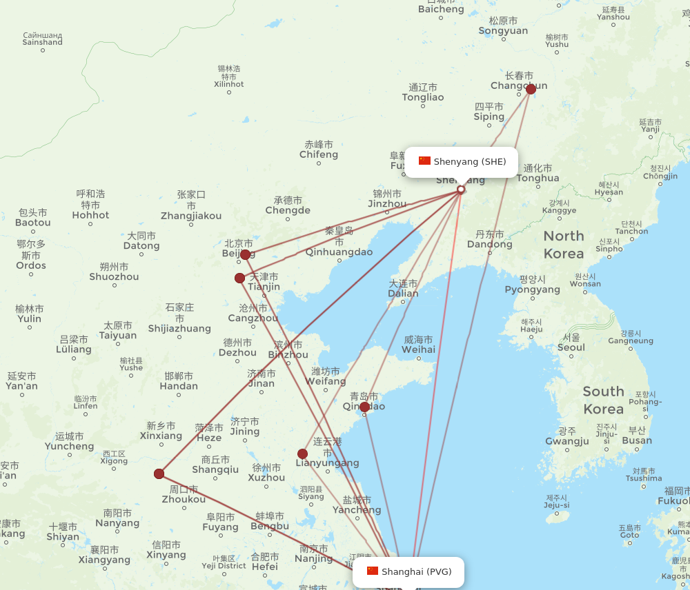 PVG to SHE flights and routes map