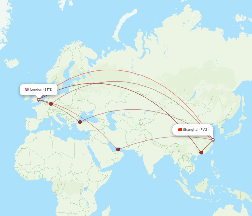 PVG to STN flights and routes map