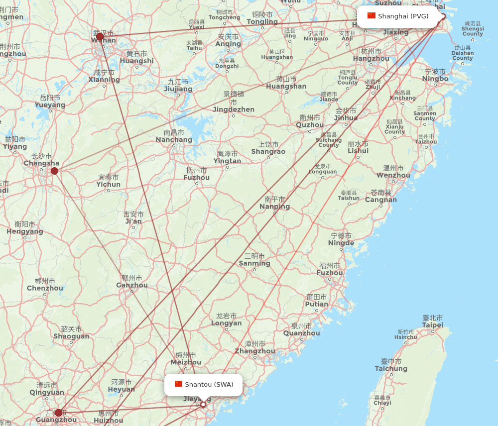 PVG to SWA flights and routes map