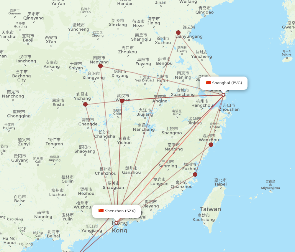 PVG to SZX flights and routes map