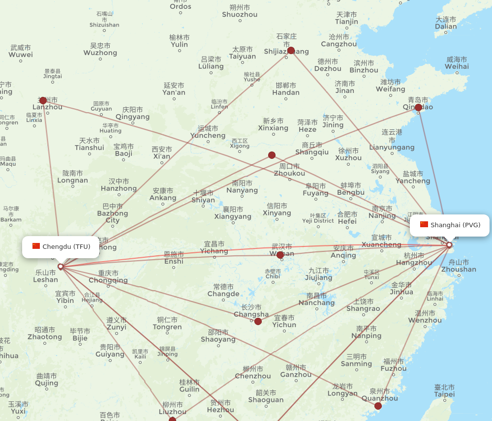 PVG to TFU flights and routes map