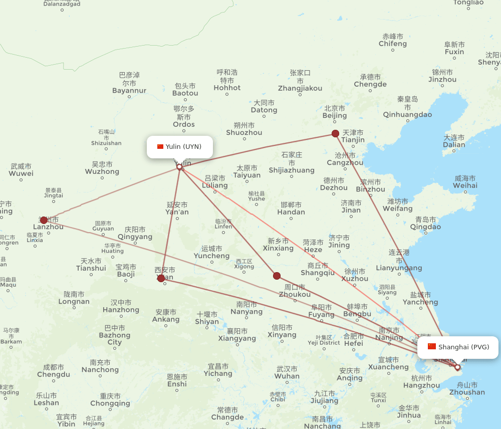 PVG to UYN flights and routes map