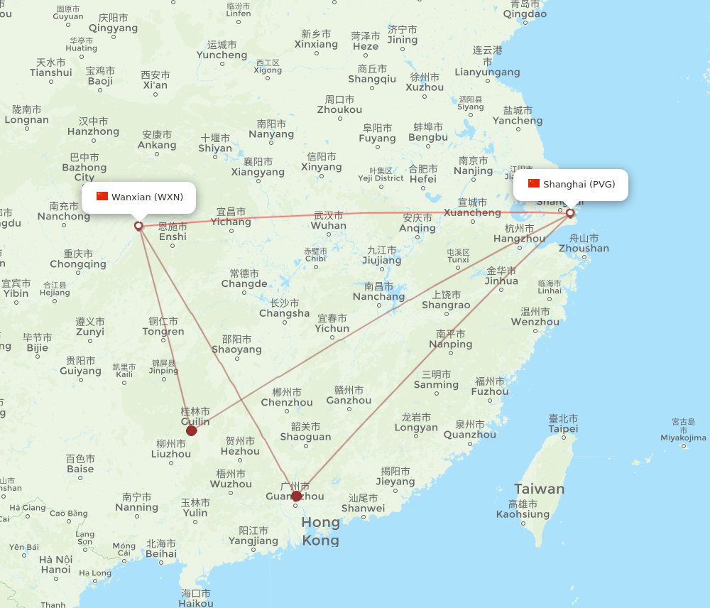 PVG to WXN flights and routes map
