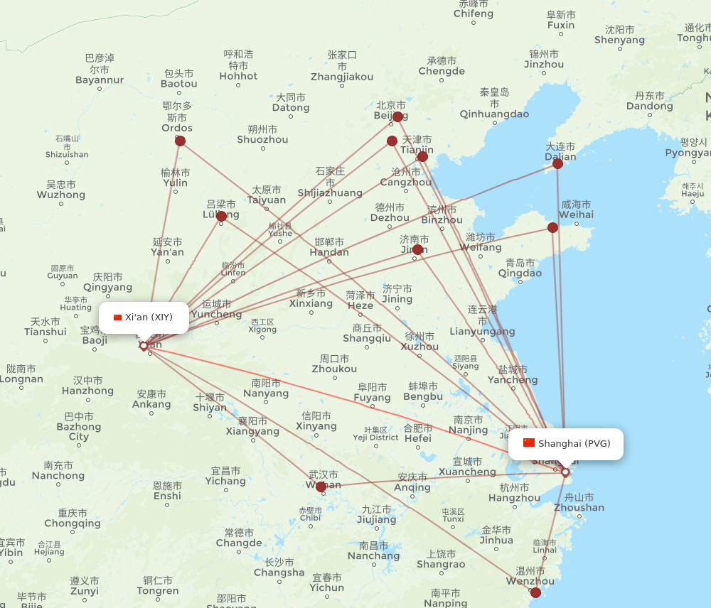 PVG to XIY flights and routes map