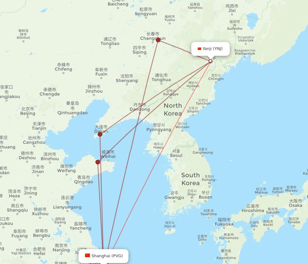 PVG to YNJ flights and routes map