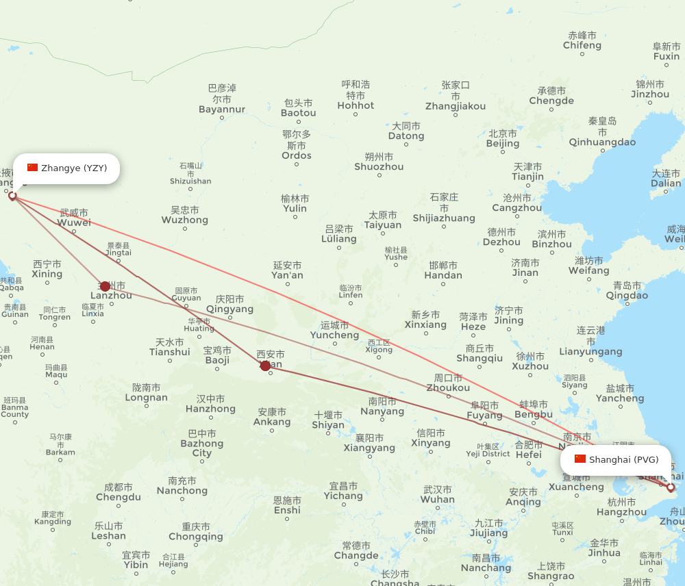 Zhangye - Shanghai route map and flight paths