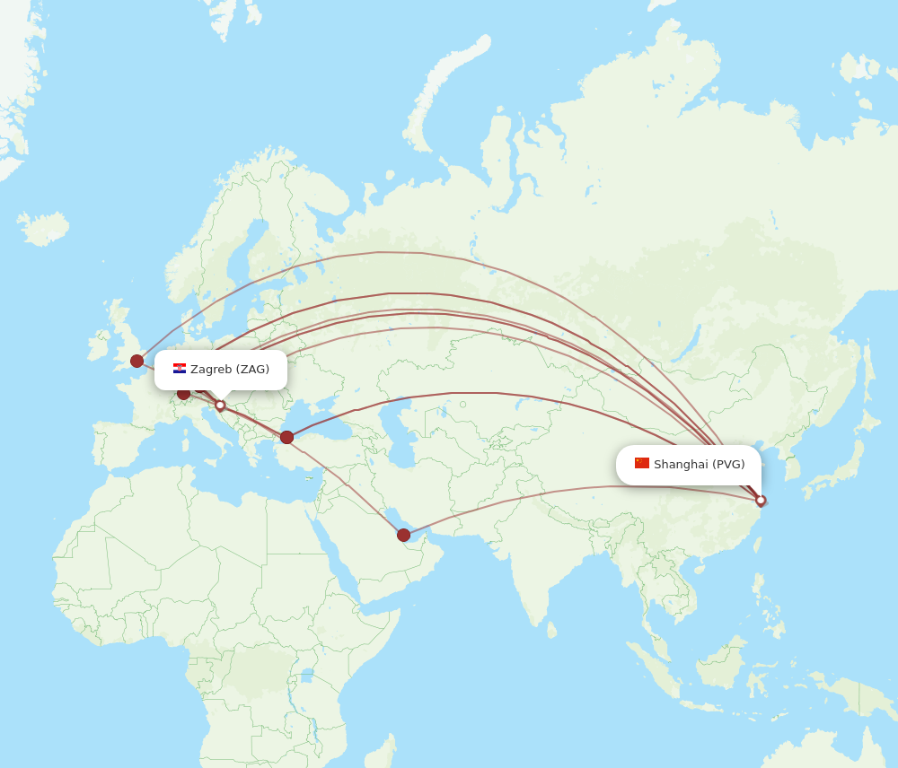 PVG to ZAG flights and routes map