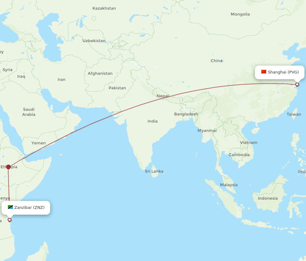 PVG to ZNZ flights and routes map