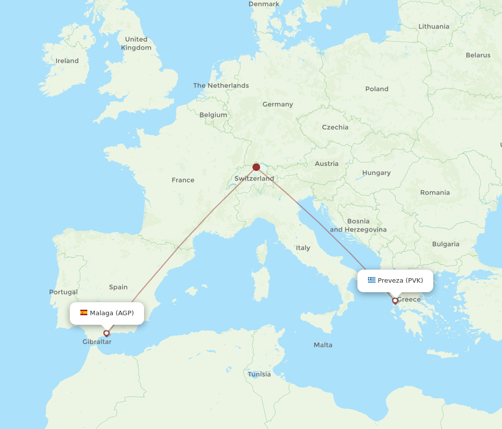 Malaga - Preveza route map and flight paths