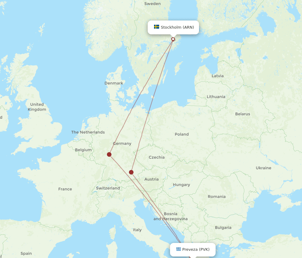 Stockholm - Preveza route map and flight paths