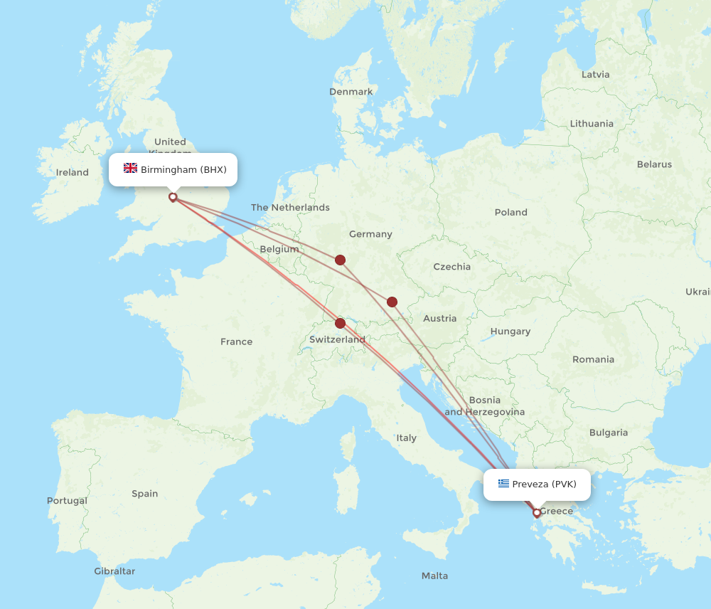 PVK to BHX flights and routes map