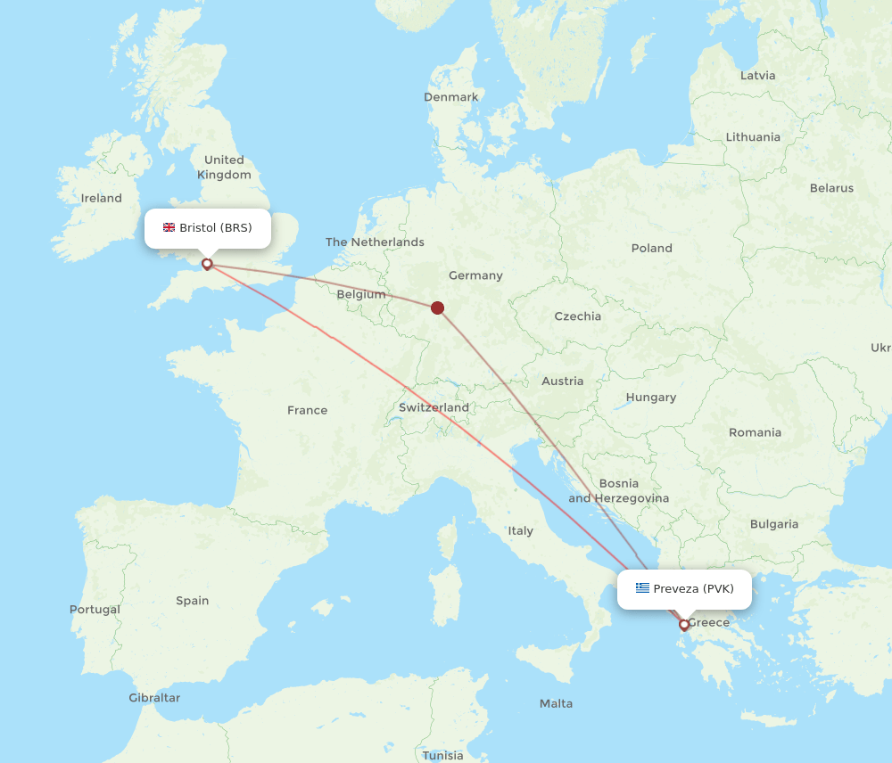 Preveza - Bristol route map and flight paths