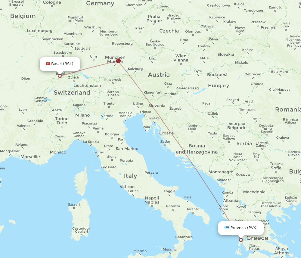 Basel, Switzerland/Mulhouse - Preveza route map and flight paths