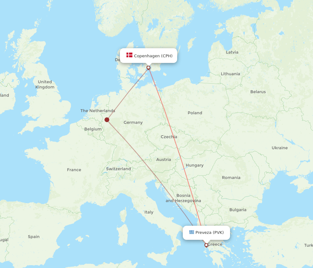 PVK to CPH flights and routes map