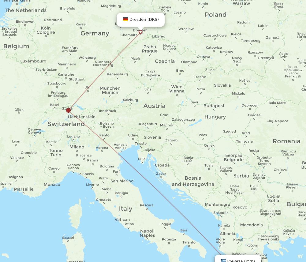 Dresden - Preveza route map and flight paths