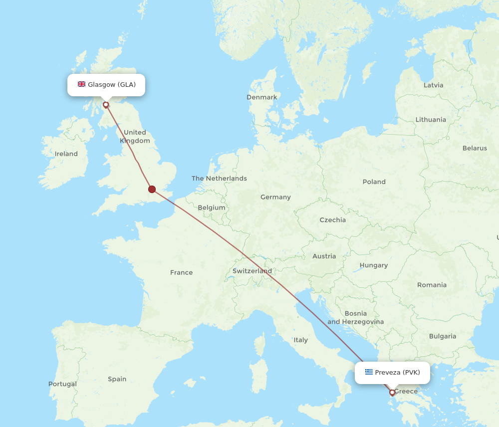 PVK to GLA flights and routes map