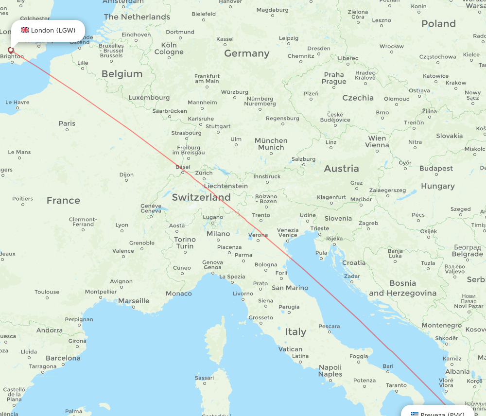 PVK to LGW flights and routes map