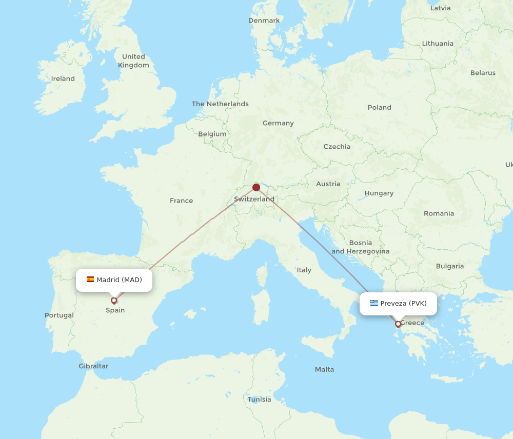 Madrid - Preveza route map and flight paths