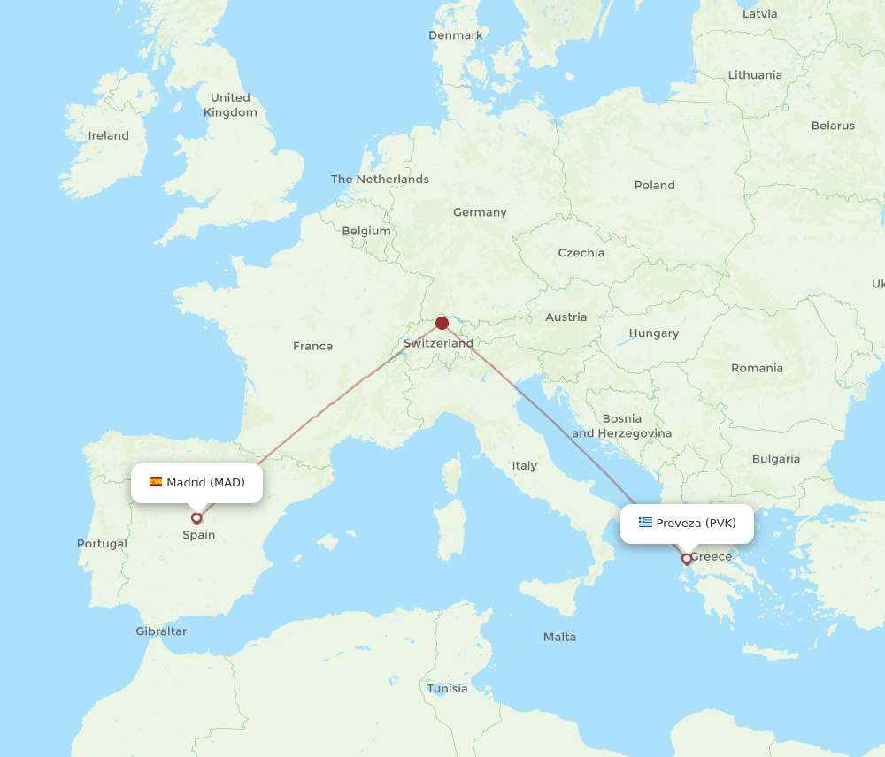 PVK to MAD flights and routes map