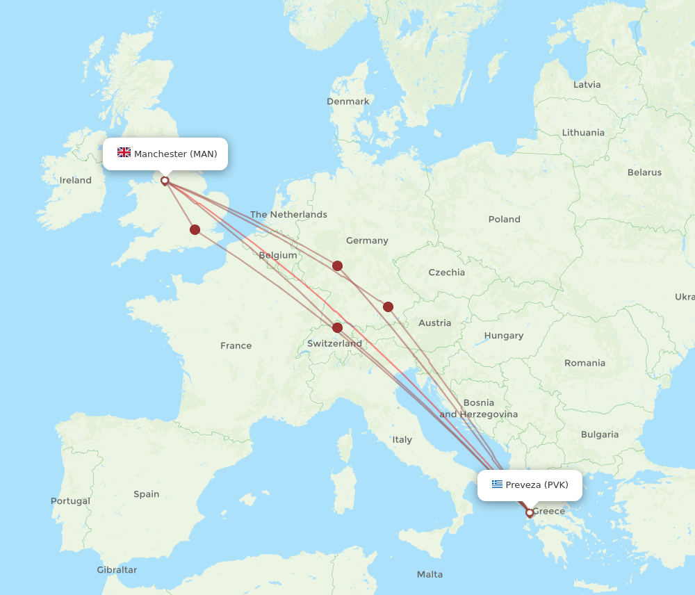 PVK to MAN flights and routes map