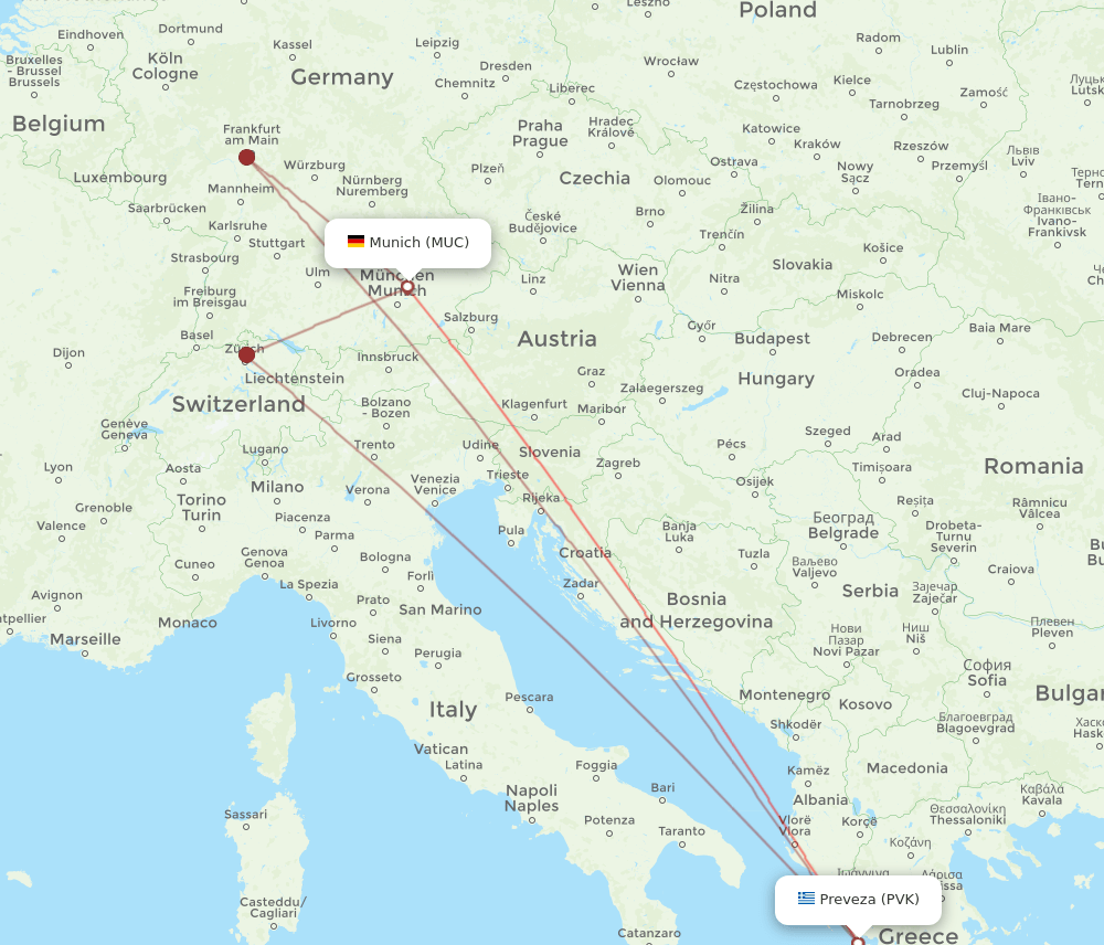 PVK to MUC flights and routes map