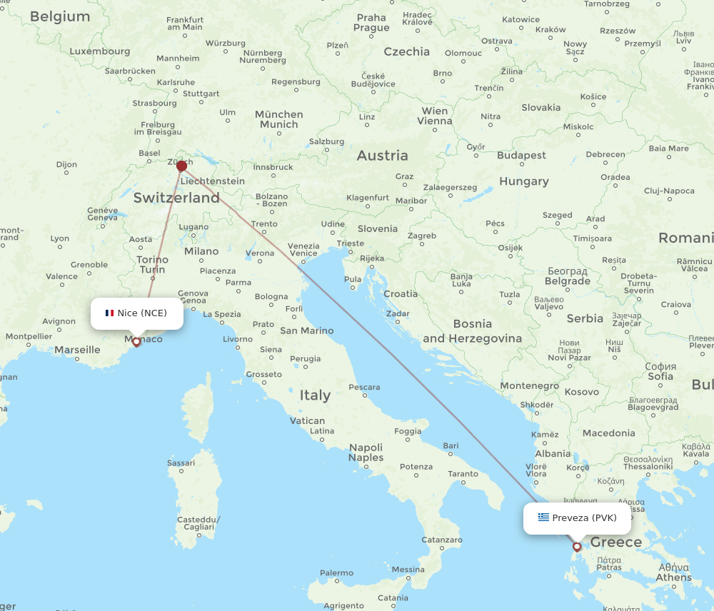 Nice - Preveza route map and flight paths