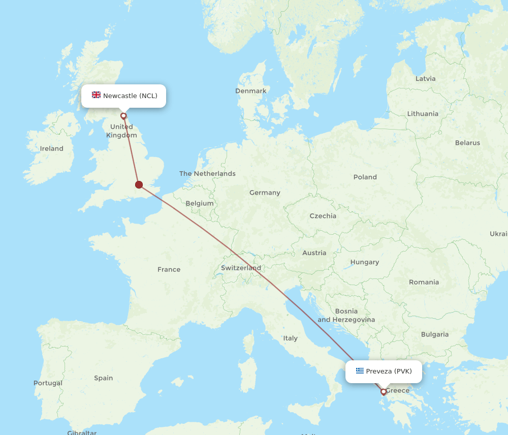 PVK to NCL flights and routes map