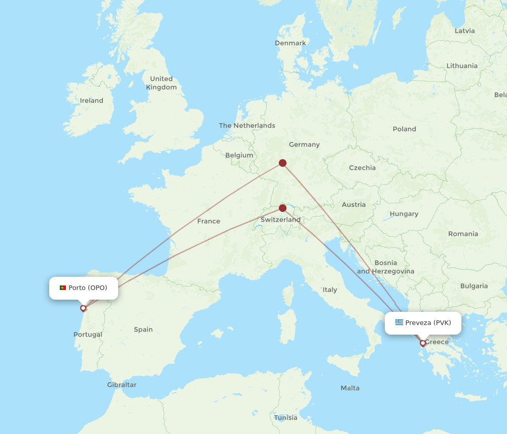 Porto - Preveza route map and flight paths