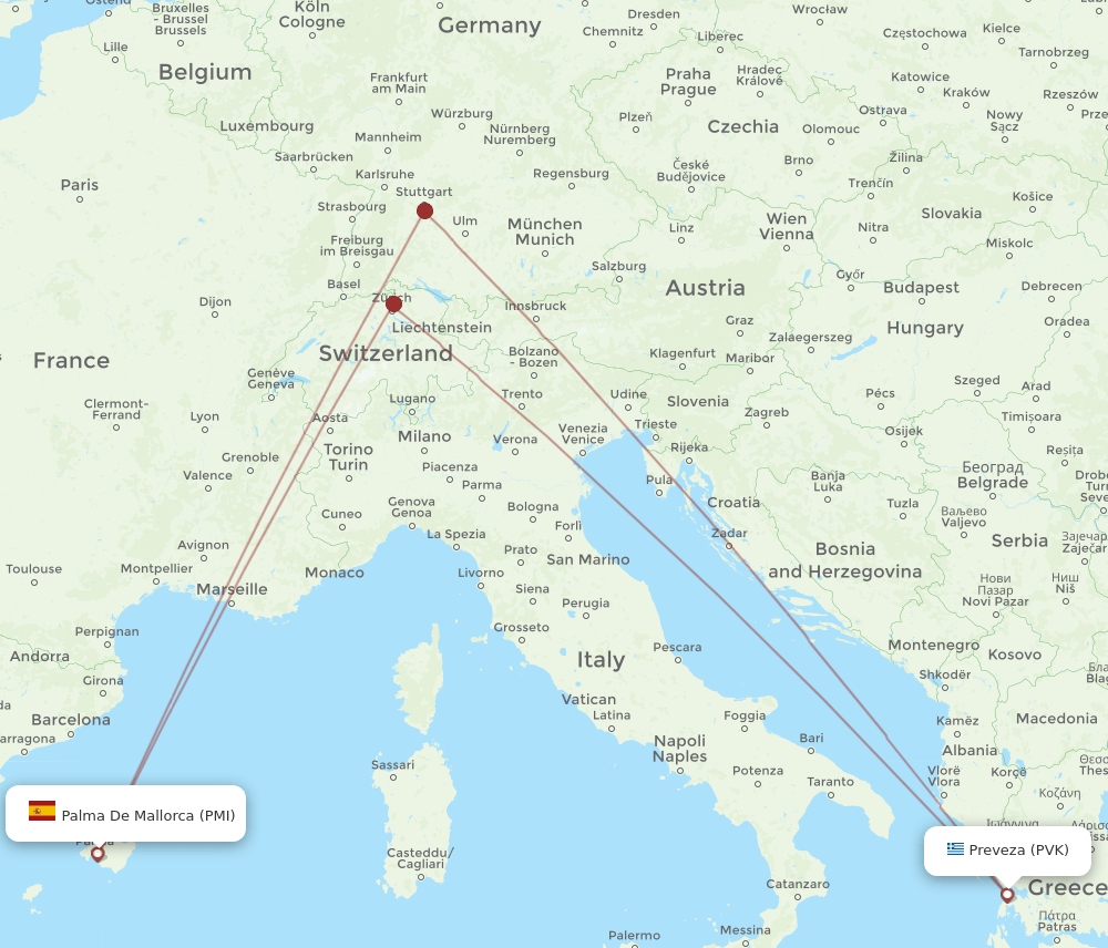 Palma de Mallorca - Preveza route map and flight paths