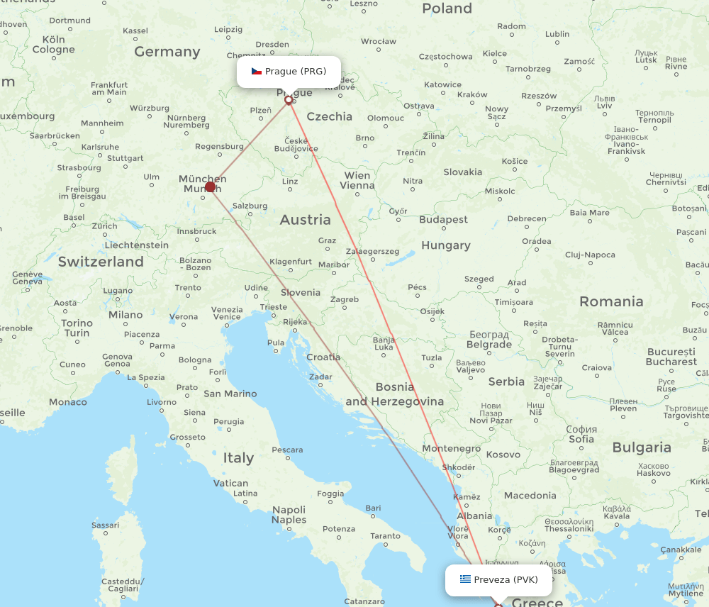 Prague - Preveza route map and flight paths