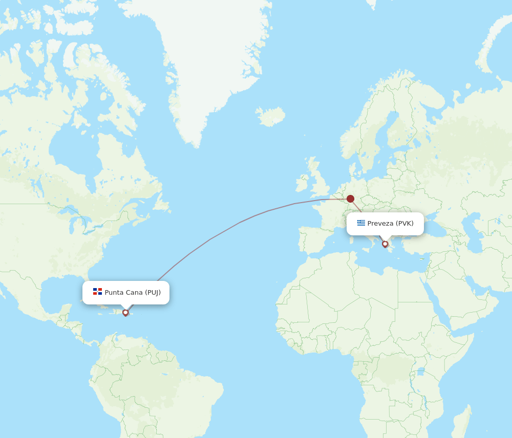 Punta Cana - Preveza route map and flight paths