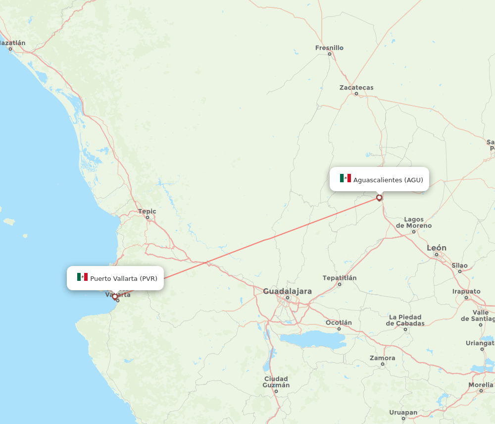 Puerto Vallarta - Aguascalientes route map and flight paths