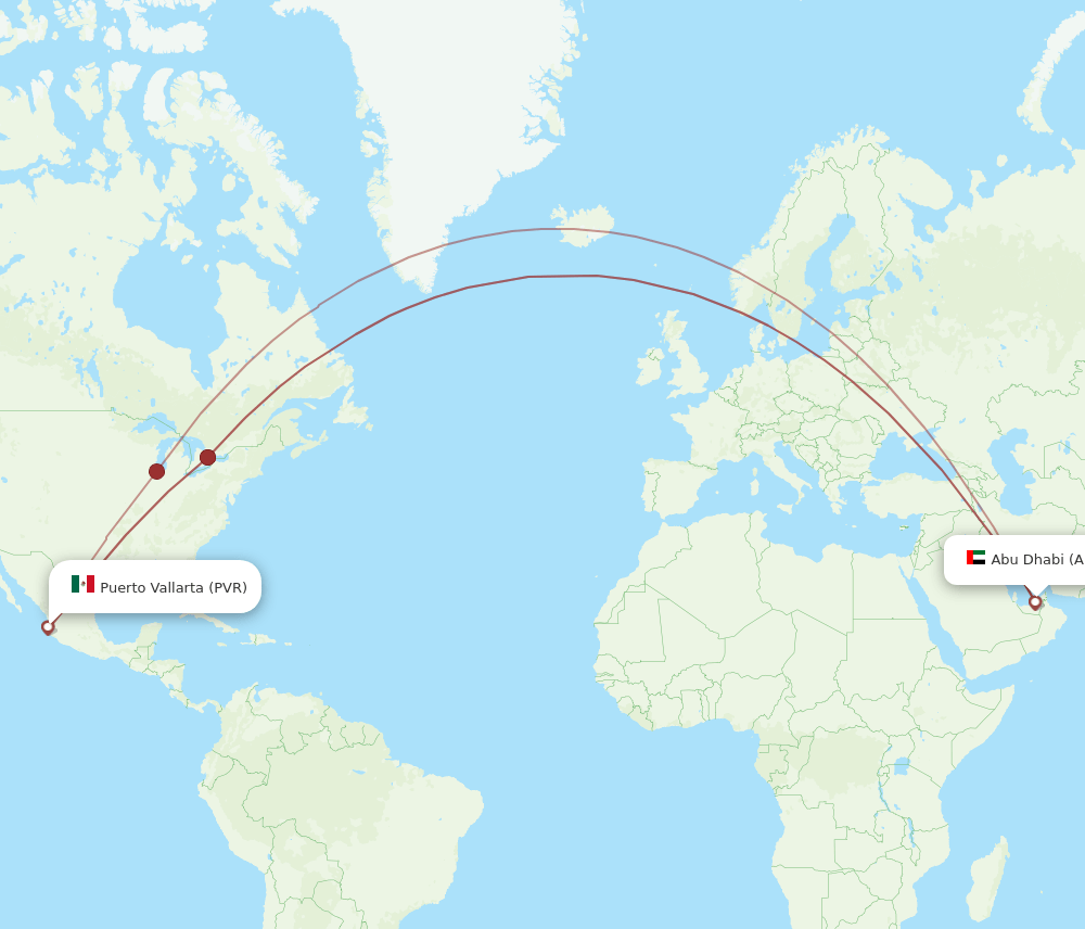 Abu Dhabi - Puerto Vallarta route map and flight paths
