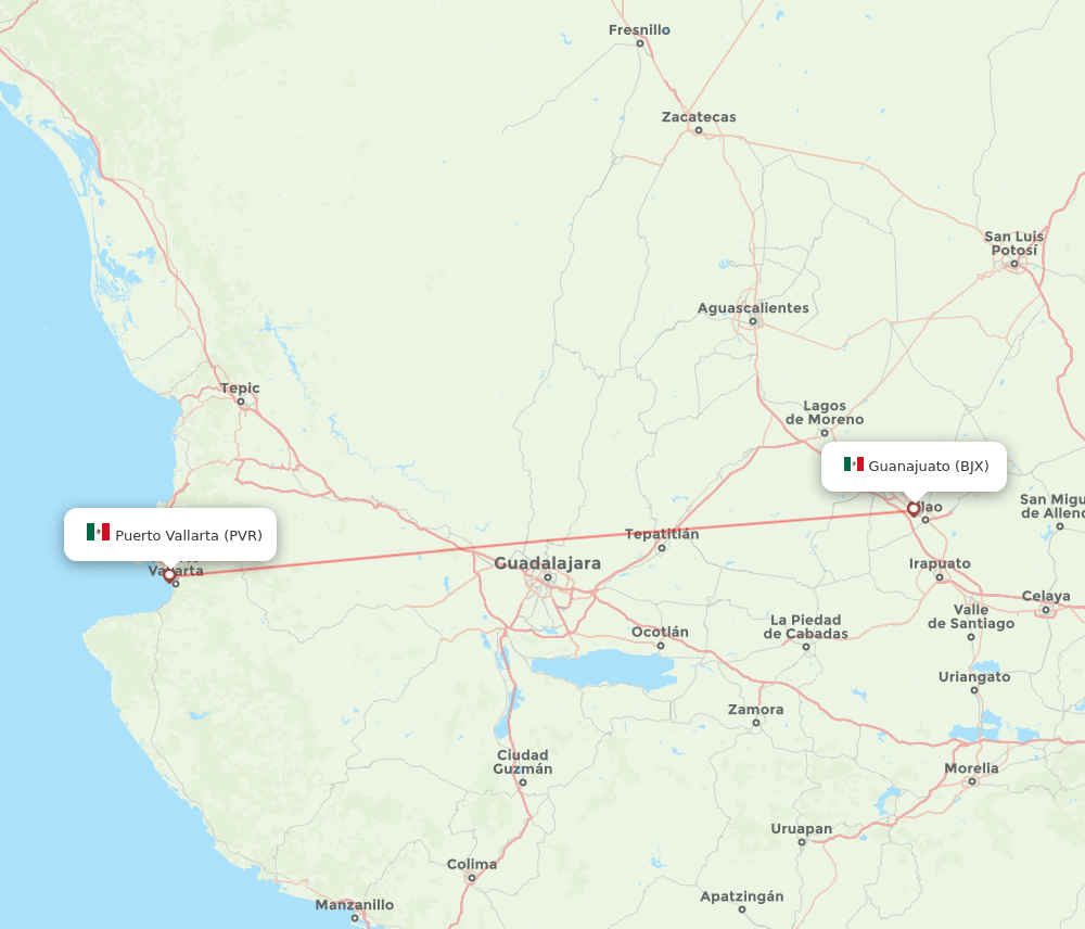 Puerto Vallarta - Leon/Guanajuato route map and flight paths