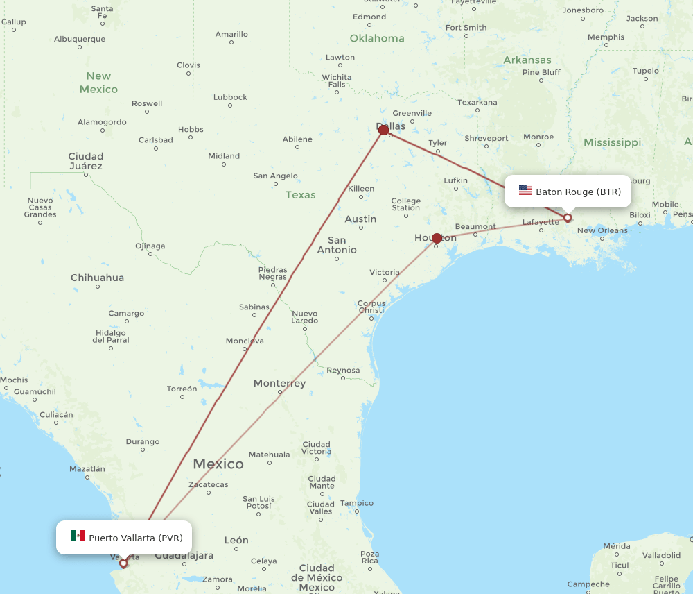 PVR to BTR flights and routes map
