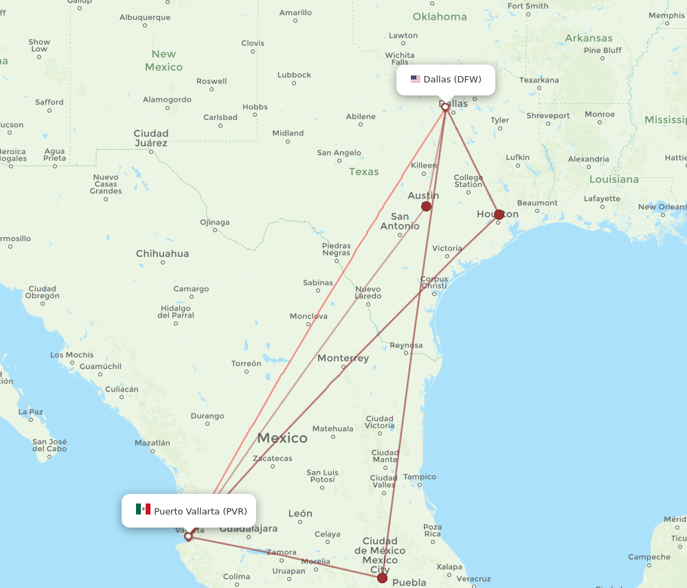 PVR to DFW flights and routes map