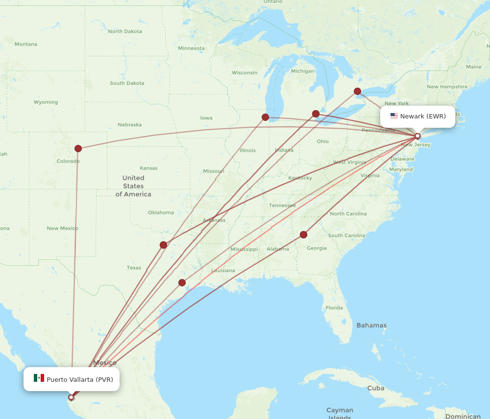 PVR to EWR flights and routes map