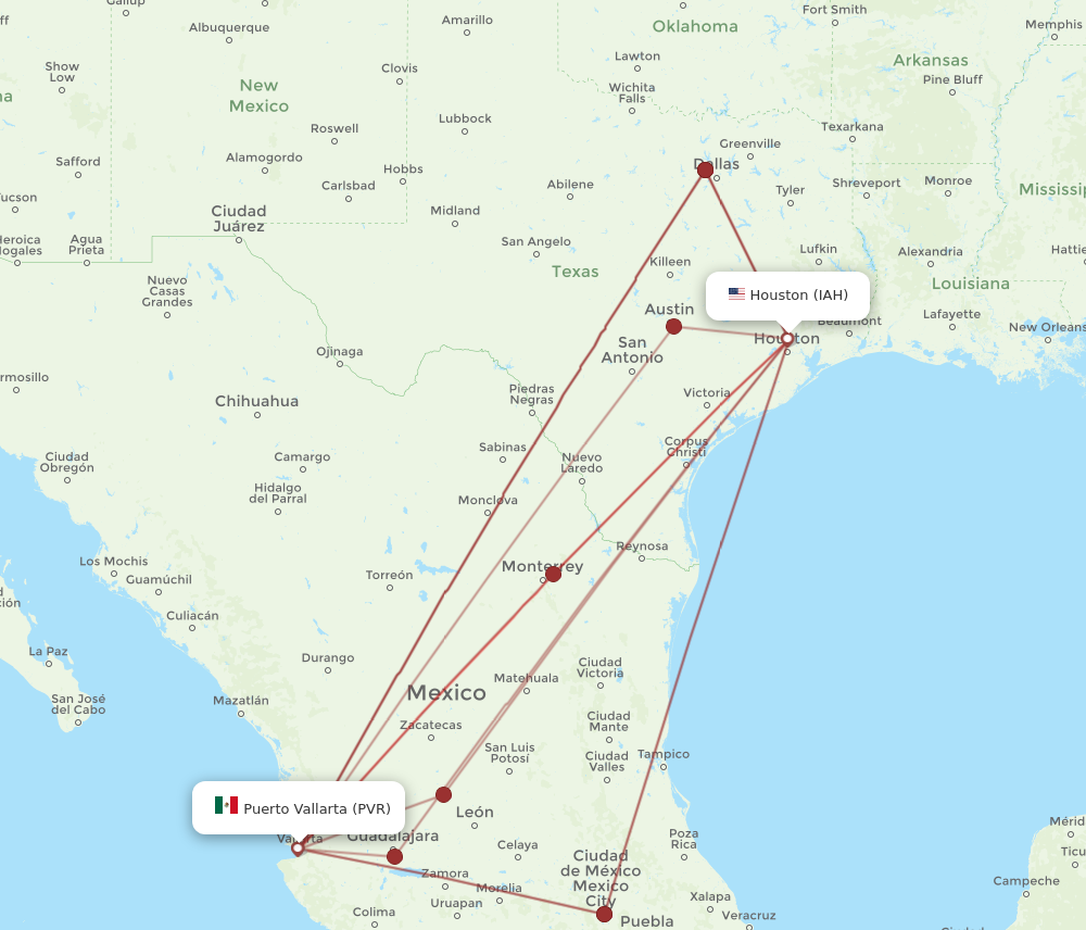 PVR to IAH flights and routes map