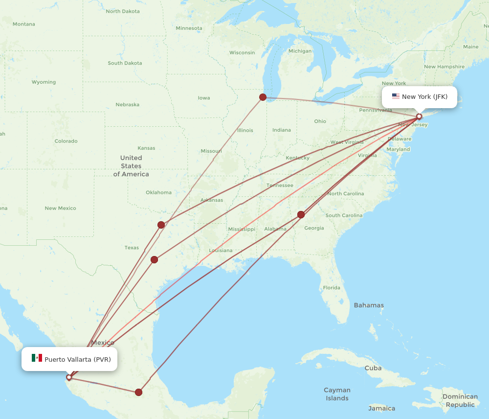 PVR to JFK flights and routes map