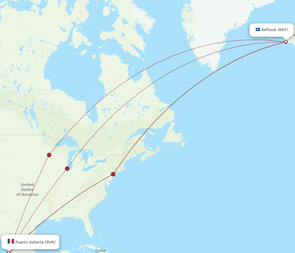 PVR to KEF flights and routes map