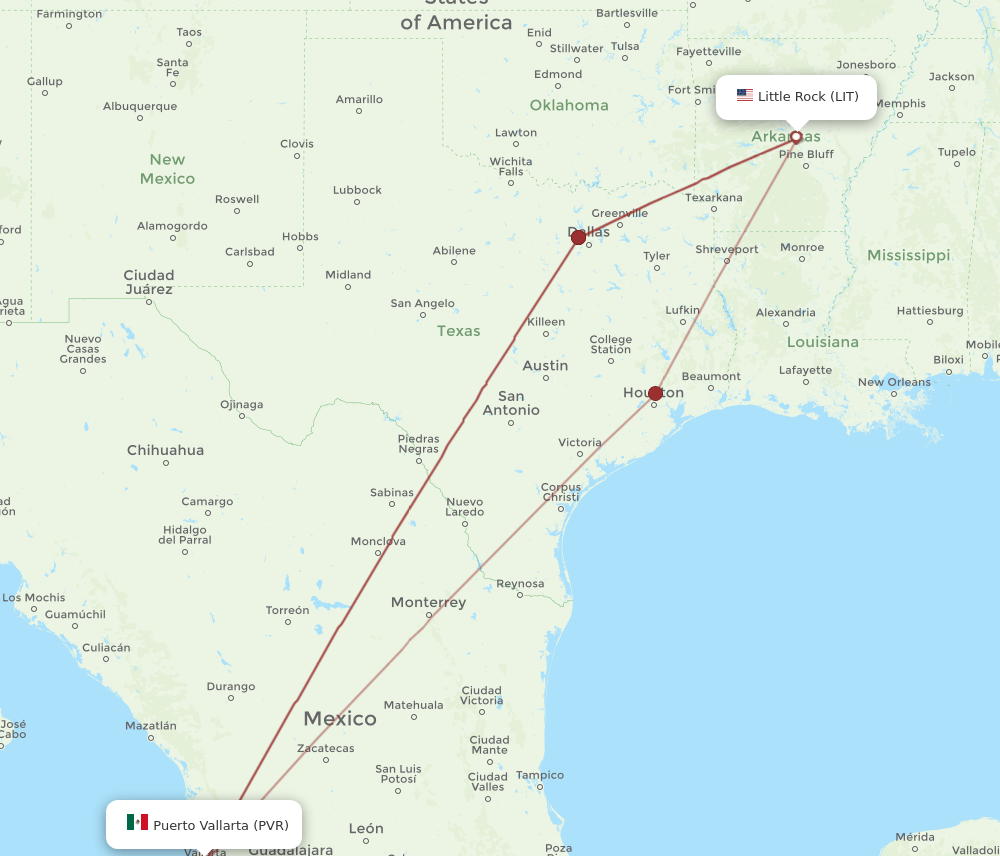 PVR to LIT flights and routes map