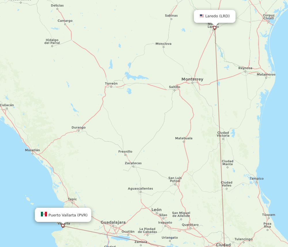 Laredo - Puerto Vallarta route map and flight paths
