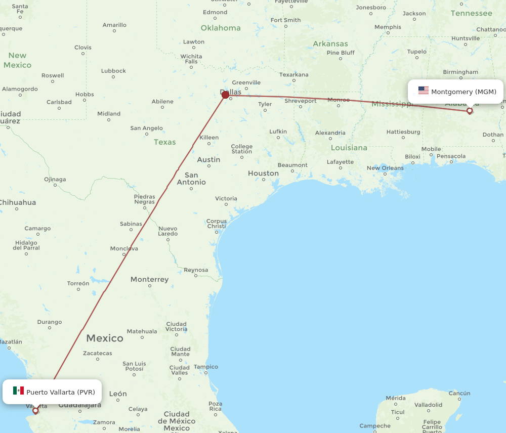 PVR to MGM flights and routes map