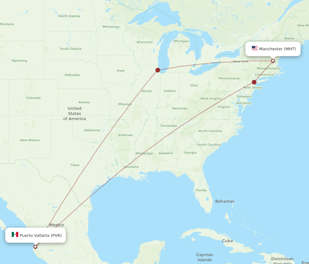 Manchester - Puerto Vallarta route map and flight paths