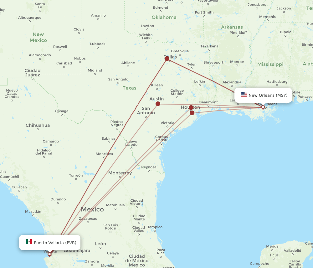 PVR-MSY flight routes