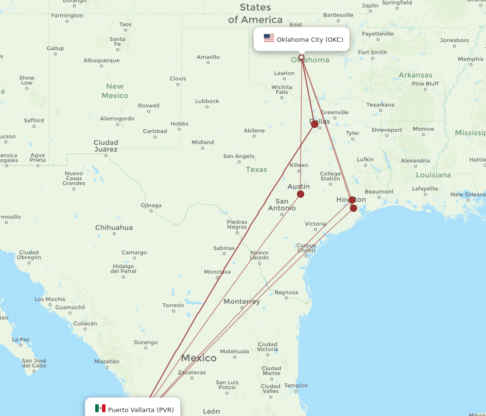 PVR-OKC flight routes